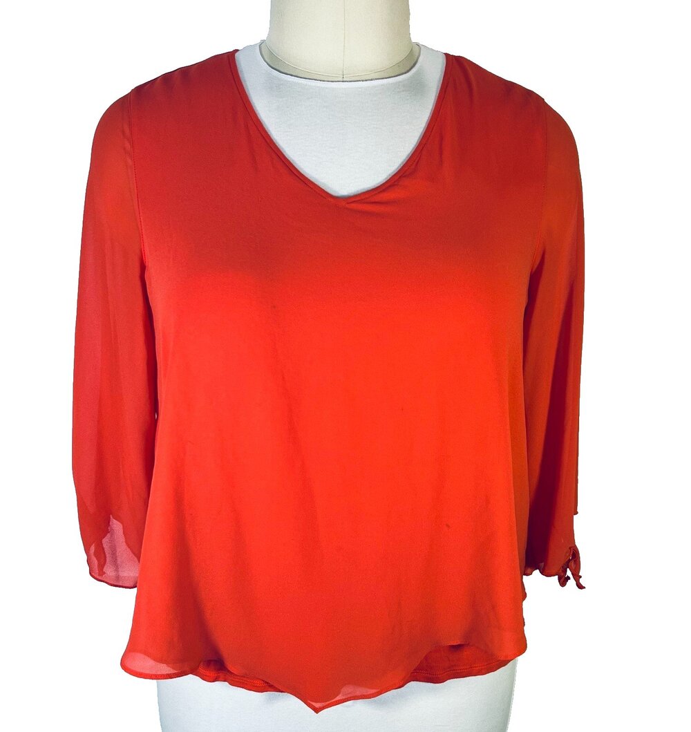 JM Collection Blouse Womens XL Coral Flutter Sleeve Lined Flowy Chiffon V-Neck